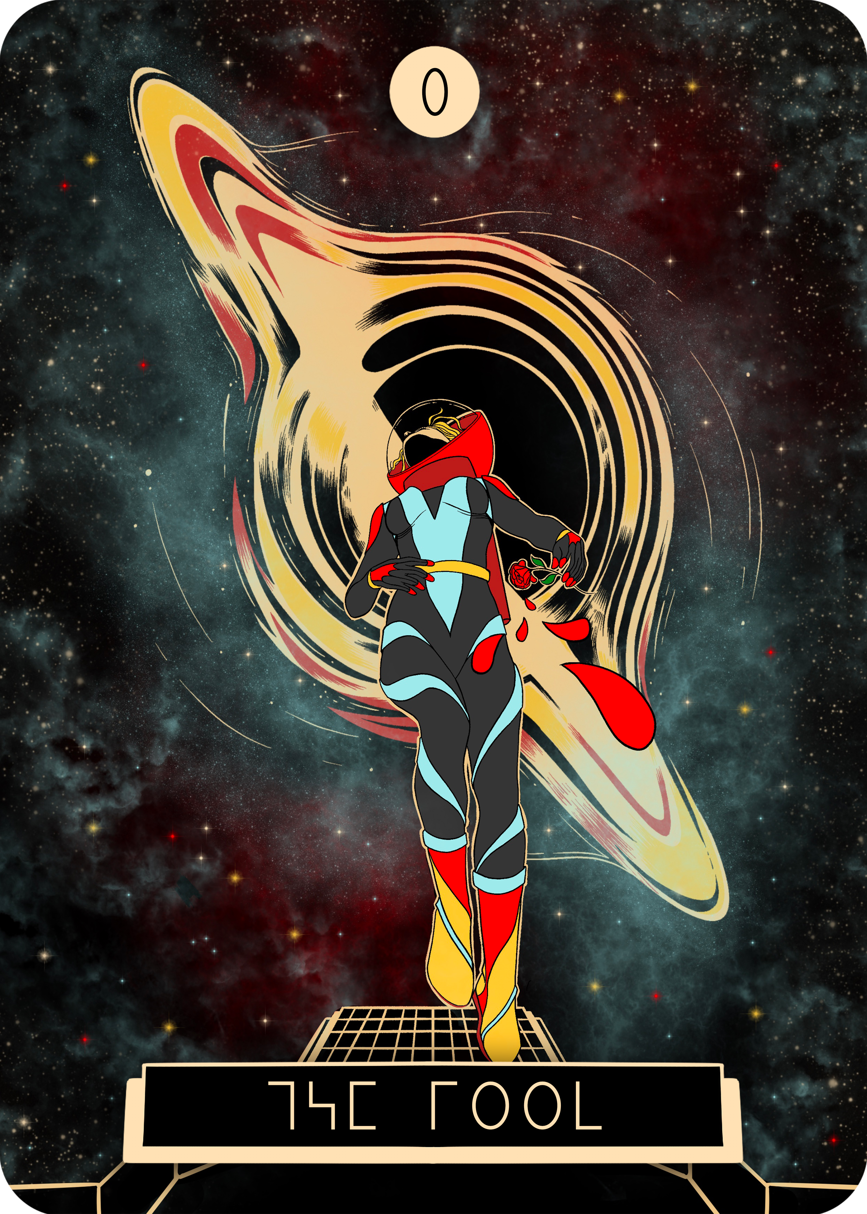 A stylized tarot card illustration reading 'THE FOOL' with a figure in a black, blue, and red costume standing before a swirling vortex on a starry cosmic background. A small '0' appears near the top.